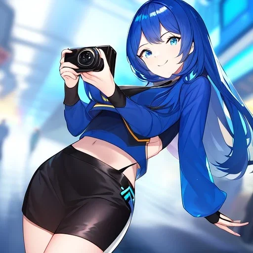 Clear focus,High resolution, Vibrant short blue hair, Vibrant blue eyes, Wearing a black short skirt,black crop top sleevelss,blue cut sleeves,black fingerless gloves, Smiling,Long bangs, Smiling, Holding the camera