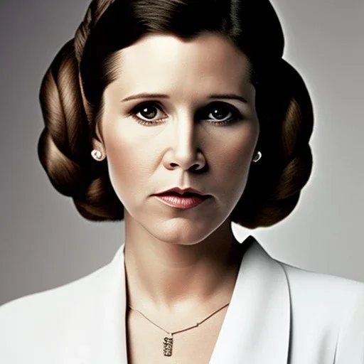 extrem realistic analog style photography of carrie fisher by Annie Leibovitz, soft ethereal skin, symmetrical short hairstyle,studio lighting, sharp brown eyes, dark plain background