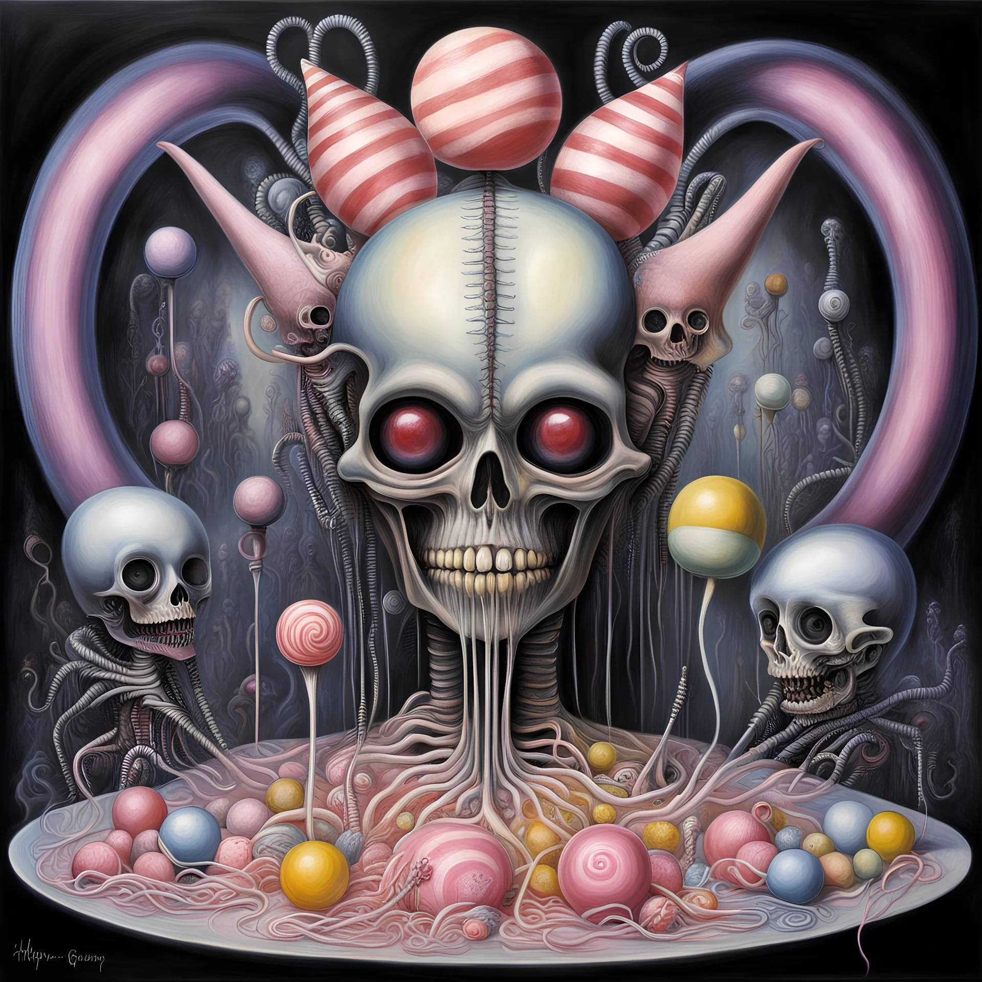 H.R. Giger oil painting titled "CandyLand Autopsy", Lollipop guild dystopia, saccharine anthropomorphic candy dissection, bright primary pastel colors, dynamic diagonal composition, sinister atmosphere, weirdcore, by Stephen Gammell, by Kay Nielsen, octane render, creepy, by Jim Woodring,