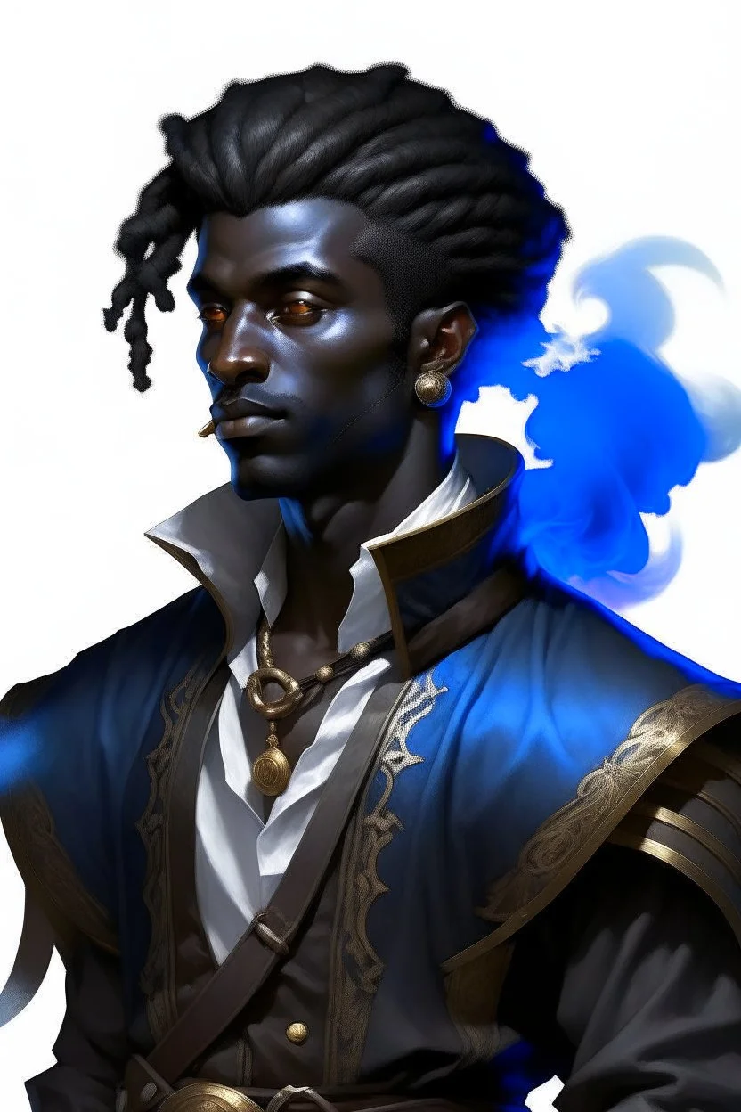 A young male Air genasi fra d&d with black skin smoke some hair