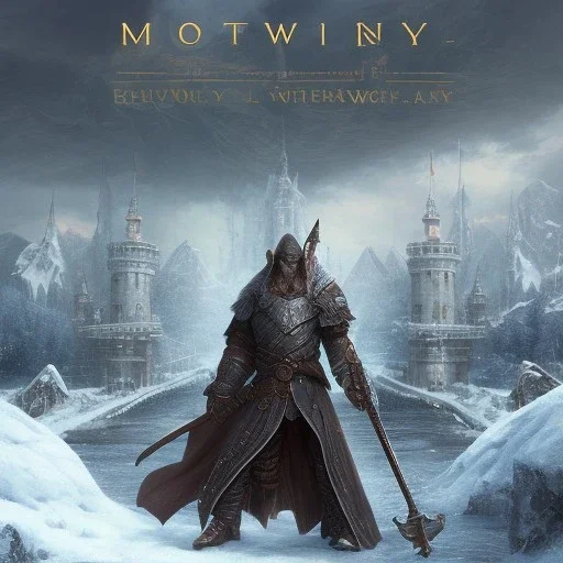 fantasy art, book cover, upper body of big shiny wizard with an axe in hand, in front of the ebony stairs of a bridge or dam ,icy water, on the bridge is a wolf, there is also a hawk sitting on his shoulder