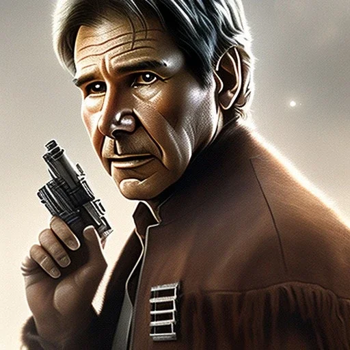 stunning photo realistic head to waist portrait of harrison ford as han solo in star wars with photo realistic short hair by alice zhang,Sam Spratt, Yi Fan, Houston Sharp, Matija Obrovac, Sharp focus, brown eyes, realistically and naturally weathered real skin,space jacket from star wars, intricate