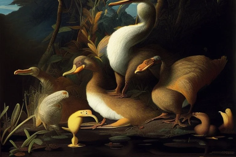 John James Audubon-like lithographic etching of a fully uncropped Dodo bird and a Platypus in a landscape of warm yellows, warm reds, and warm blues