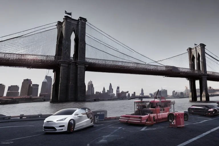 A Tesla's 'Model 3' is parked, on the 'Brooklyn Bridge' in New York. CINEMATIC. WIDE ANGLE LENS. PHOTO REAL.