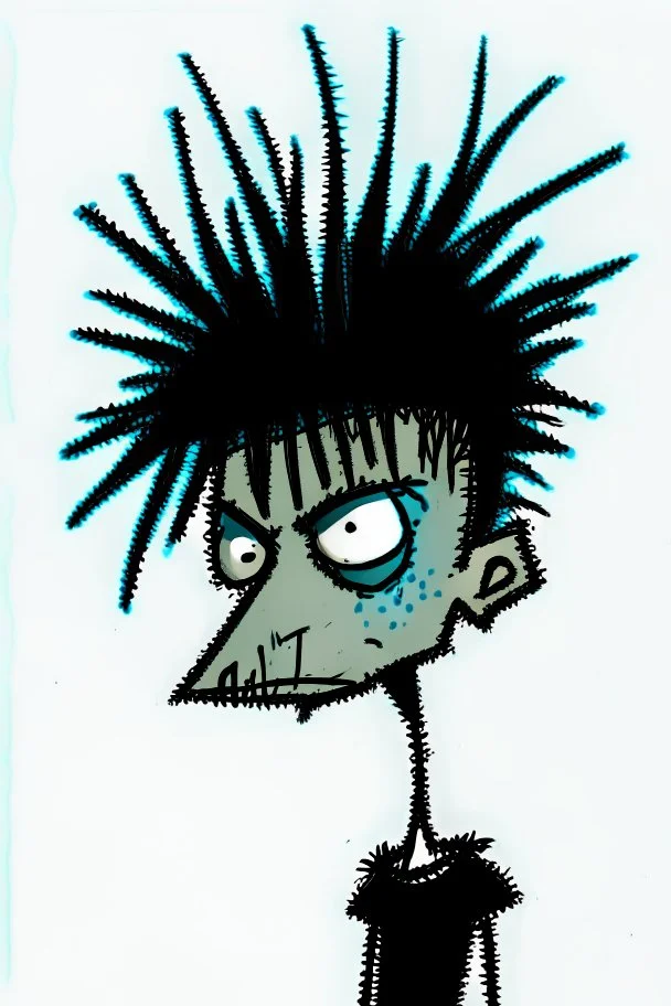 2d drawing of a stickman, cool with punk hair, x eyes like in hangman, looking over shoulder towards camera, 3d realistic in colour