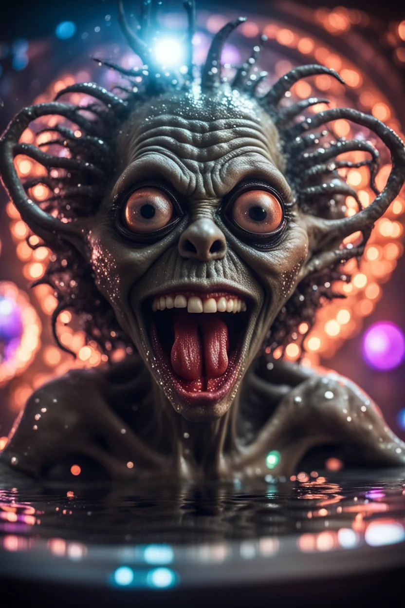 portrait through dirty warped lens of ultimate transcendent happy disco ball pimp giger gremlin vampire alien frown with spotlights and huge dripping tounge sticking head out of a bathtub portal, in front of space portal dimensional glittering device, bokeh like f/0.8, tilt-shift lens 8k, high detail, smooth render, down-light, unreal engine, prize winning