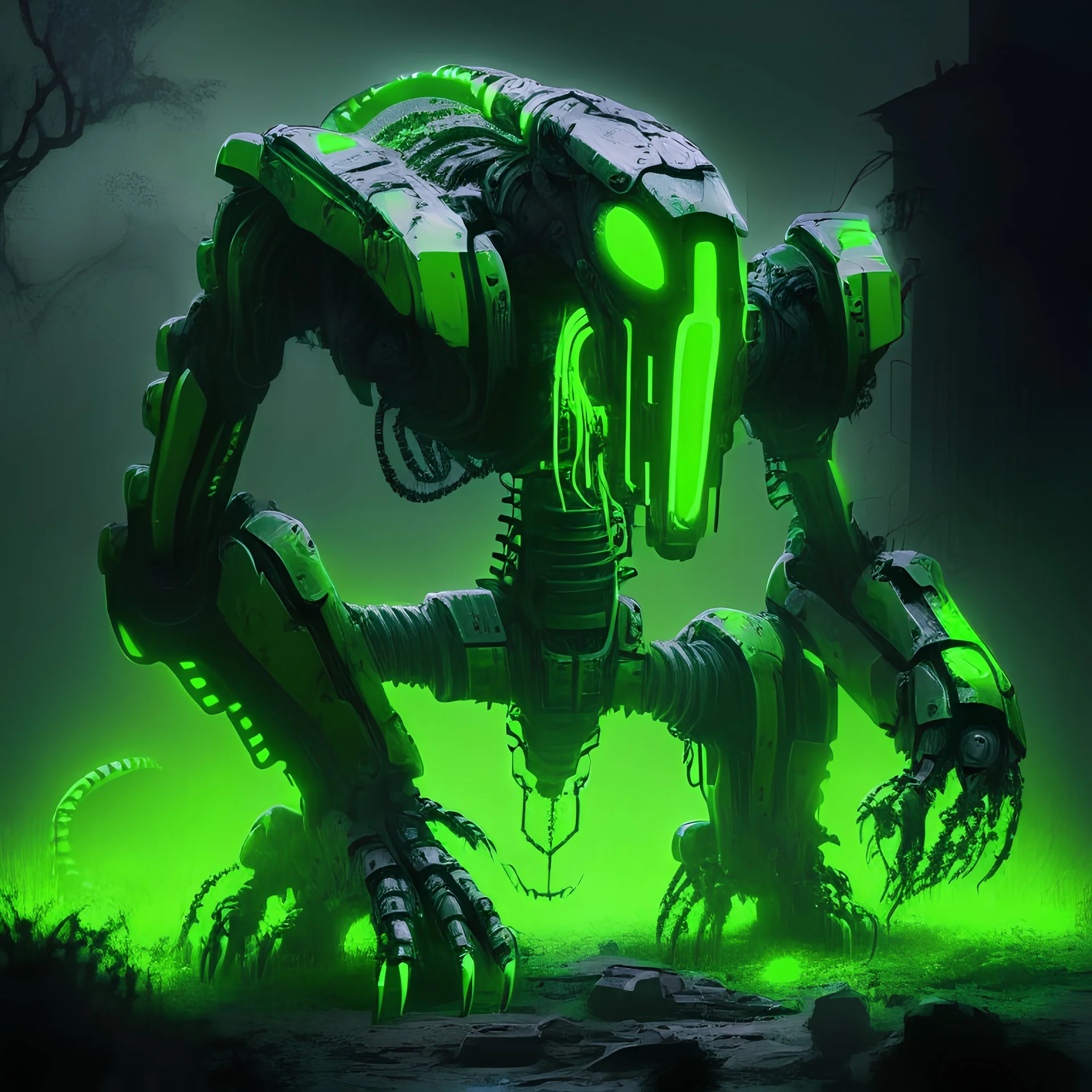 neon green black snake mech robot in graveyard