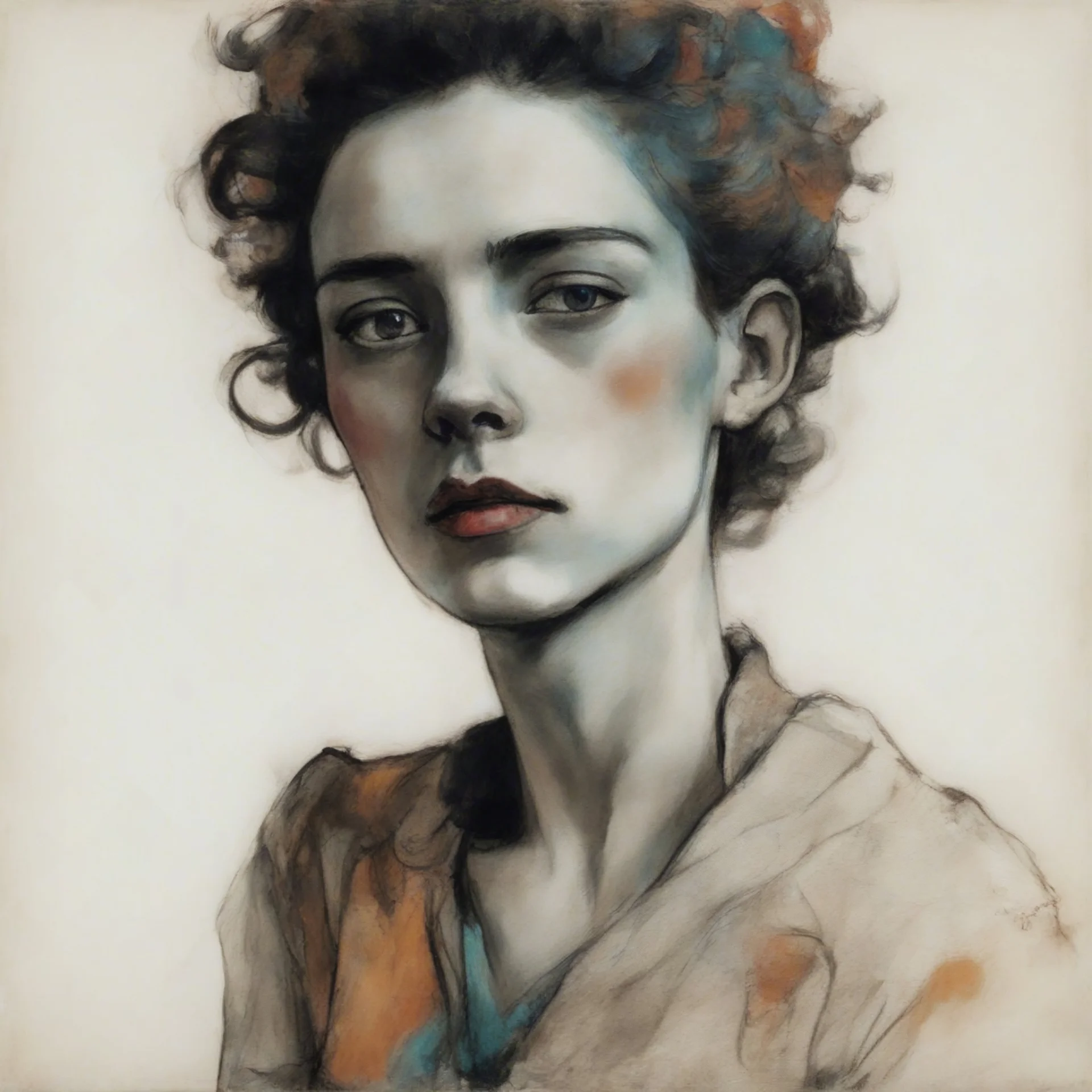 Egon Schiele sketch of a grunge woman, orange, pink, turquoise, yellow colors