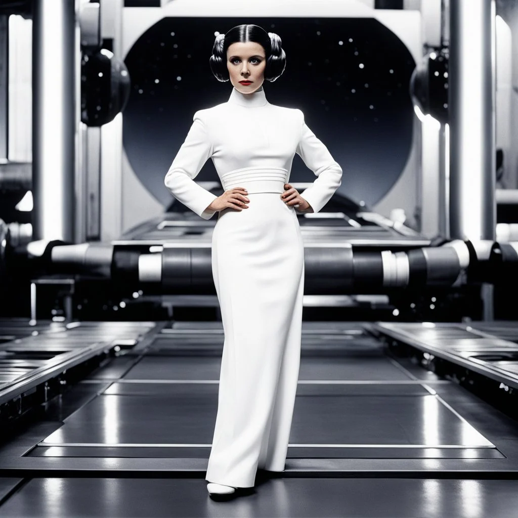 a standing revealing full body photoshoot Princess Leia with her Star Puffs hairstyle, she is poised on hands and knees, by Helmut Newton, typical for the suggestive style of Newton (high quaintly perfect photo) the background is a space dock