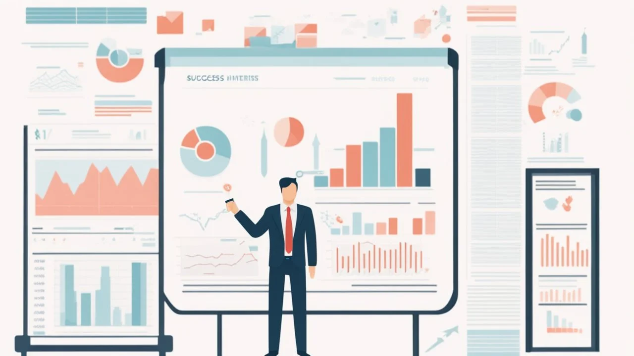 The image represents the success and prosperity of businesses and investments in 2024. It features a confident businessman standing with paper charts and a large screen displaying financial data and profitable projects. The image reflects a promising future vision for business and investment in the coming year, where successful projects can achieve significant financial success.