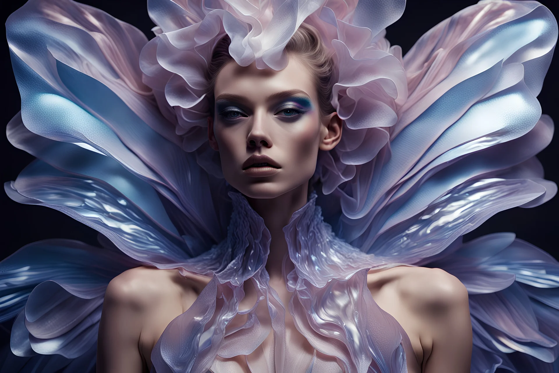 hyperrealistic scene YSL editorial photograph vogue of fuul body portrait of beautiful HD face model wears in a oversized wavey multilayered 3D-printed Iris Van harpen moth shape avant garde organza iridescent, intricate details, highly detailed, cinematography, by pascal blanche rutkowski, artstation hyperrealism painting concept art of detailed character design matte painting, 4k resolution blade runner