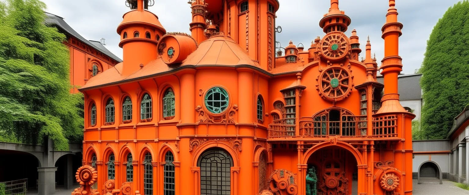 An orange colored factory with gears and robots designed in Maori sculptures painted by Claude Monet