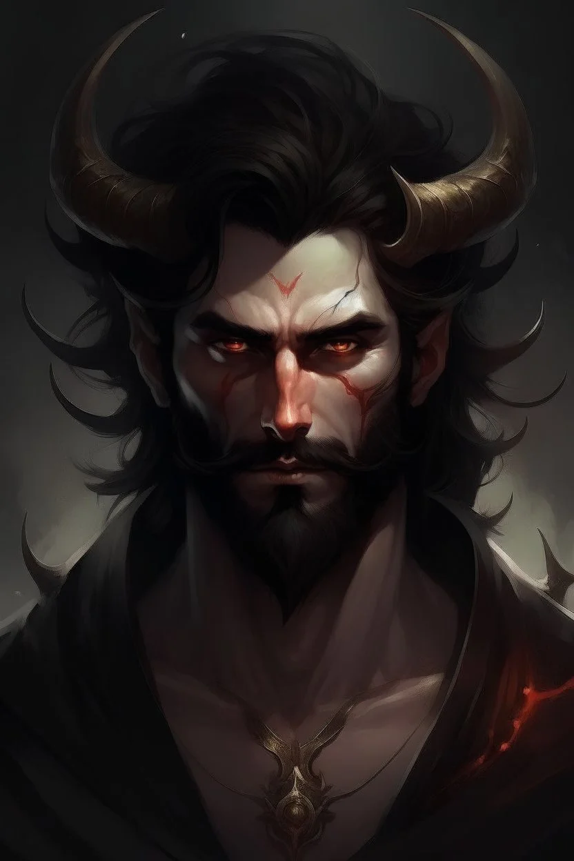 Beard, dark hair, demon prince, horns, handsome, mysterious