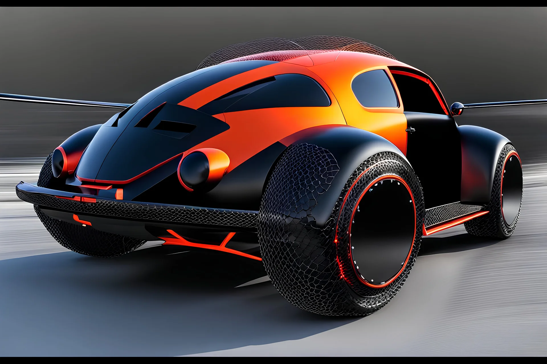 arachnid f-117-jet vw-beetle genetically spliced hybrid, black red and orange,