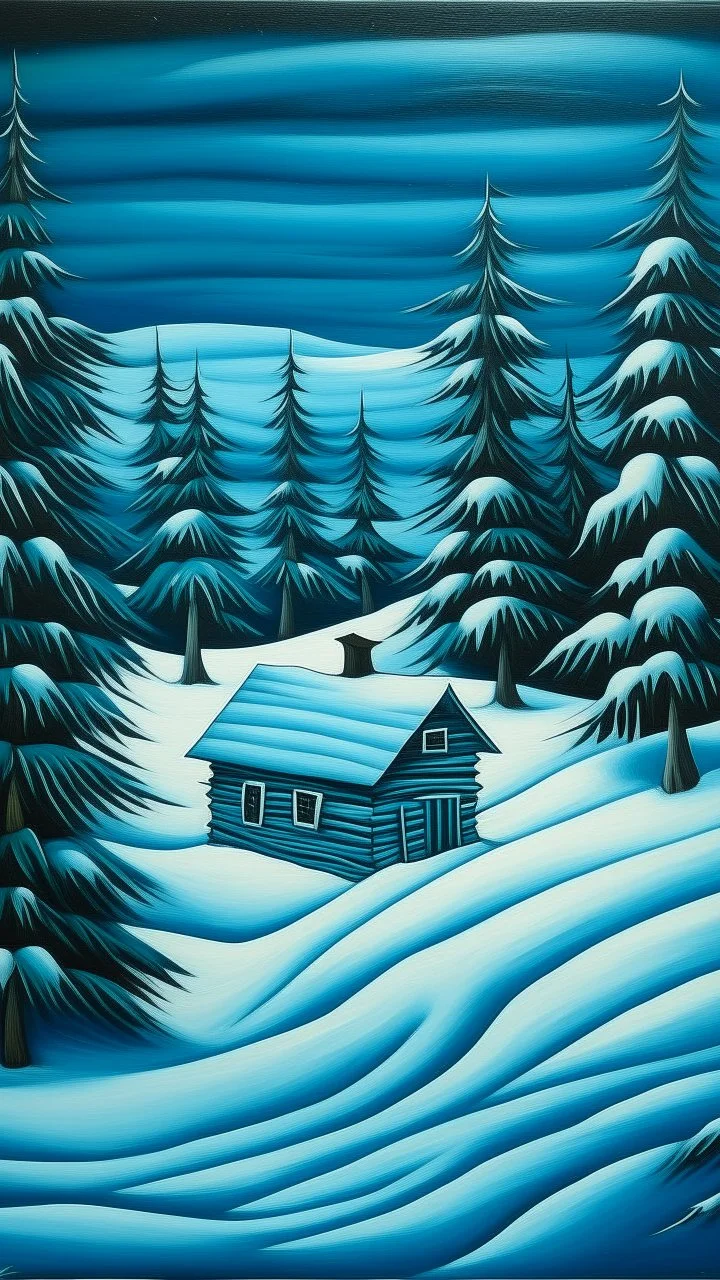 A cyan snowfield with a cozy cabin painted by Henri Rousseau