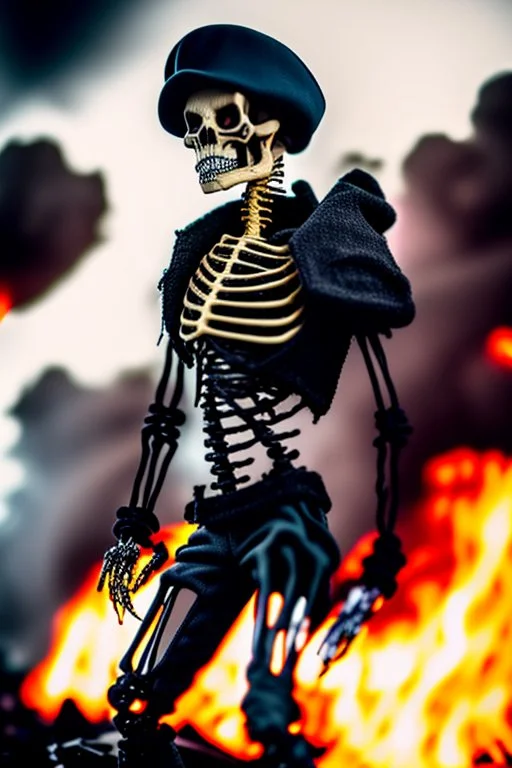 ultra high definition image of an attractive but scary looking skeleton, rising from the ashes, a war veteran, partially humanlike characteristics, army beret and ripped amo wear, very detailed, chaotic background, dramatic close-up action shot of him on a burned out war tanker with a torpedo on shoulder ready to fire and ammo ,gothic and dark theme, 12k