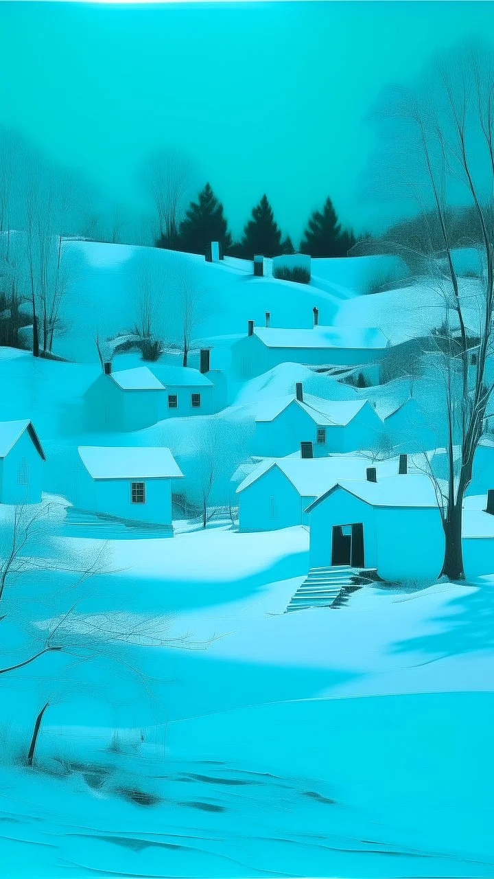 A cyan village in winter season painted by Andy Warhol