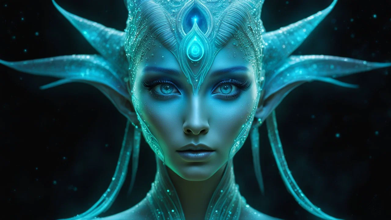 The photo features a bioluminescent and bioluminescent art style depicting a divine female alien god. Bioluminescent moist translucent glowing skin, ethereal glowing eyes, extra long neck, medium front third eye, large head fins and ear fins show off a charming, perfect face in ultra-realistic detail. The composition imitates a cinematic film with dazzling, gold and silver lighting effects. Intricate details, sharp focus, crystal clear skin create high detail.