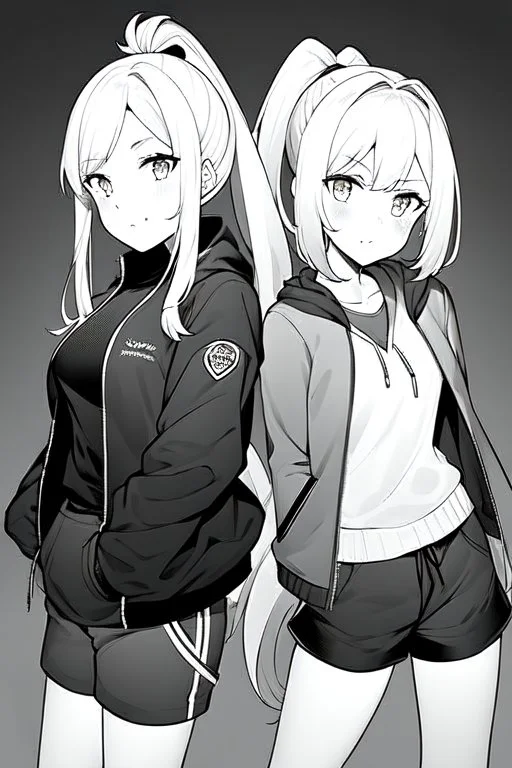 blonde girl with ponytails dressed in a jacket and shorts, greyscale