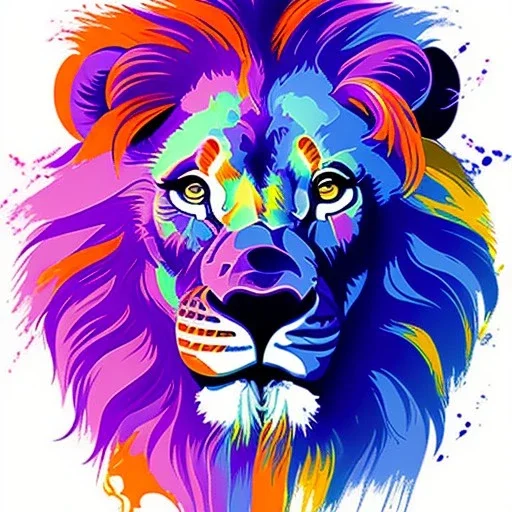 Lion portrait, bright colors, splash paint, centered, jewels