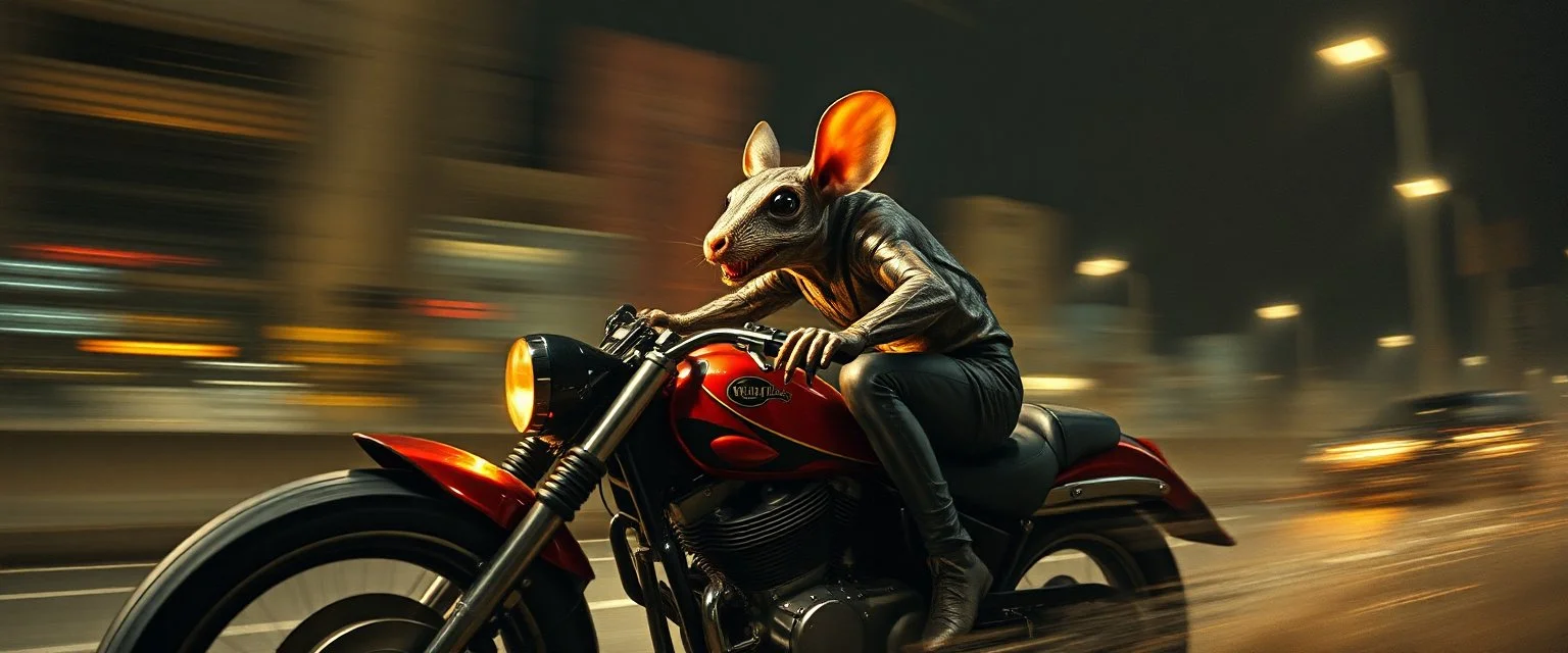 master oil painting by Rembrandt, good afternoon bitch scary hot seductive bug rat chess piece riding sports bike with motion blur and smeared lights in the night, stylistic poster, in the style of total recall, huge bug rat in the background