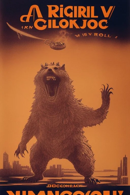 dangerous old godzilla in 1928 poster advertising racoon tennis, raccons flying in air between tennis rackets while humans::4 use them as a tennis ball, evil, crazy arms