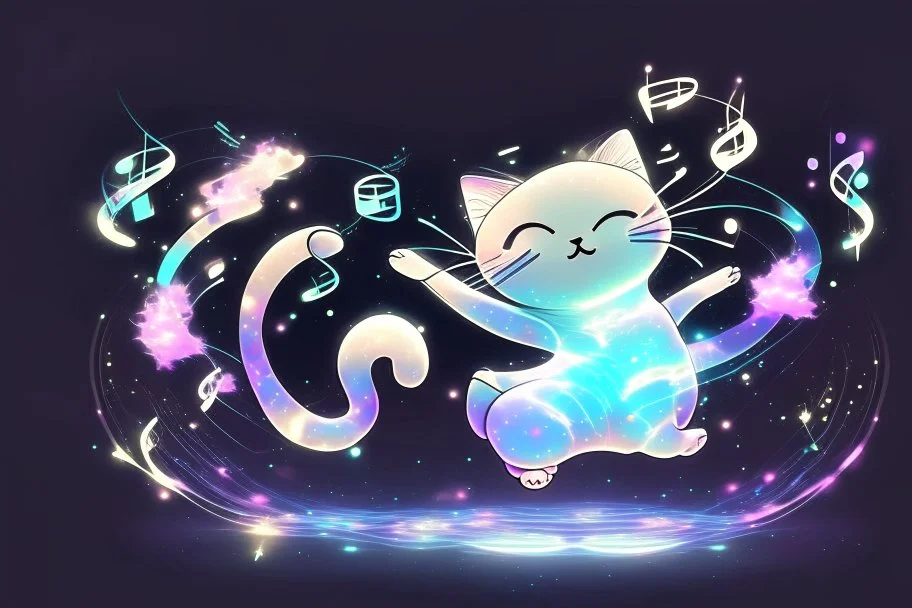 cute chibi dynamically dancing cat, holographic, bioluminescent, an image visualizing musical notes in an abstract and dynamic composition. Let the musical notes dance in the air, forming a symphony of shapes and symbols that convey the essence of sound. Show the notes floating and intertwining in air, creating a visually harmonious composition