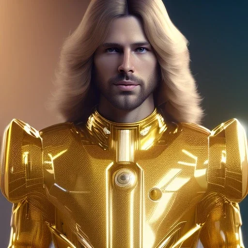 beautiful cosmic golden male, long hair, nice smiling, delicate colors, beautiful glamour galactic golden dress, ultra sharp focus, 8k, unreal engine 5, extremely sharp detail, light effect, soft light atmosphere of a spaceship, smooth, full of details, face in front, complete vision of face and body