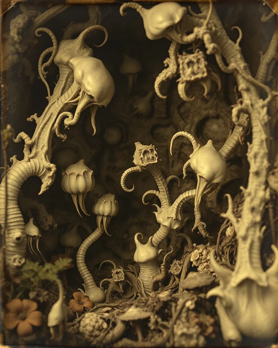 A daguerreotype-style close-up image of a surreal background inspired by Hieronymus Bosch and Max Ernst, featuring twisted organic forms, decaying botanical elements, and strange vegetal growths that seem to pulse with unnatural life. The entire scene is bathed in soft, ambient lighting that creates an otherworldly atmosphere, with areas of deep shadow contrasting against the pale, spectral glow of the figures.
