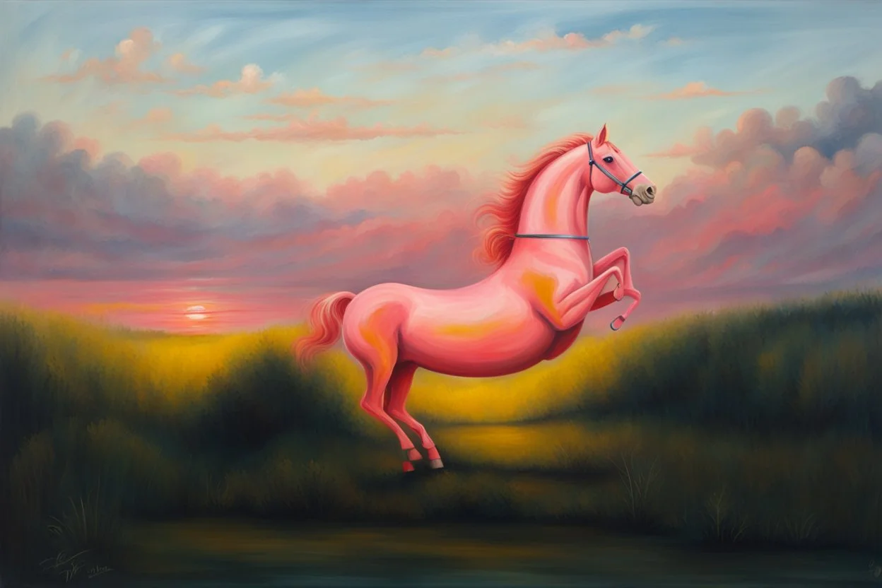 Big pink plastic toy horse.19th painting