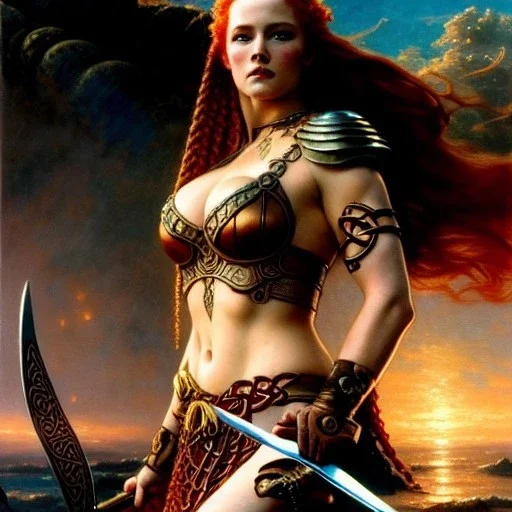 portrait 'beautiful Sexy busty Redhead Sif',Braids, celtic tattoed,painting by gaston bussiere, greg rutkowski, yoji shinkawa, yoshitaka amano, tsutomu nihei, donato giancola, tim hildebrandt, oil on canvas, cinematic composition, extreme detail,fit full head inside picture,32k