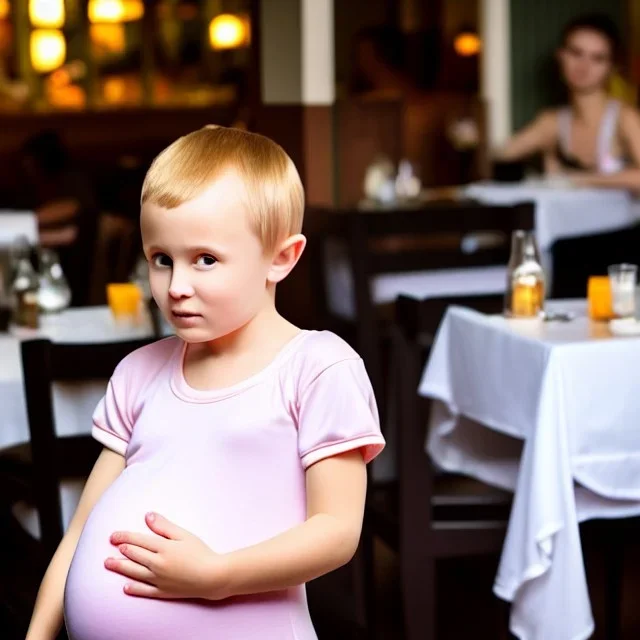 Russian pregnant tomboy boyish boylike short man's haircut boyish features in black girlish nightgown in restaurant