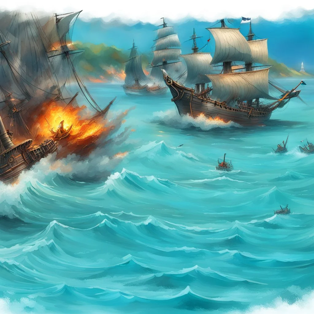 two pirate ships fighting each other at sea. They fire cannons at each other and one ship is hit and burns.