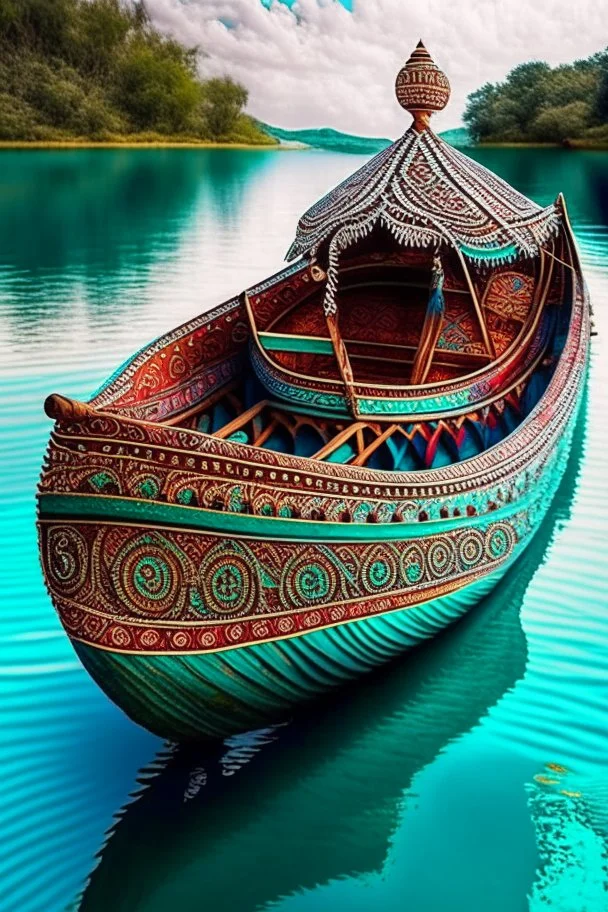 A magnificent handcrafted traditional Indian boat gently floats atop the shimmering turquoise waters of a majestic river its slender body adorned with intricate patterns and vibrant hues showcasing the rich cultural heritage and artistic prowess of the land