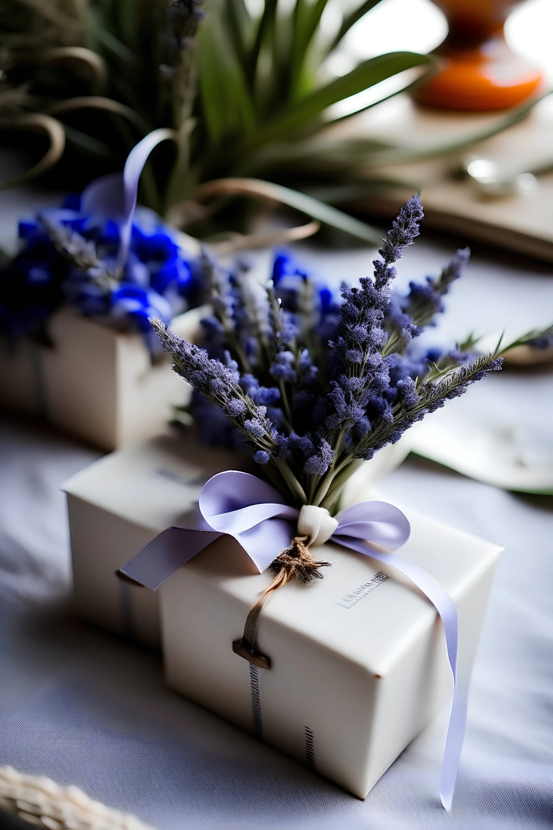 small wedding gift with lavender and gympsophila