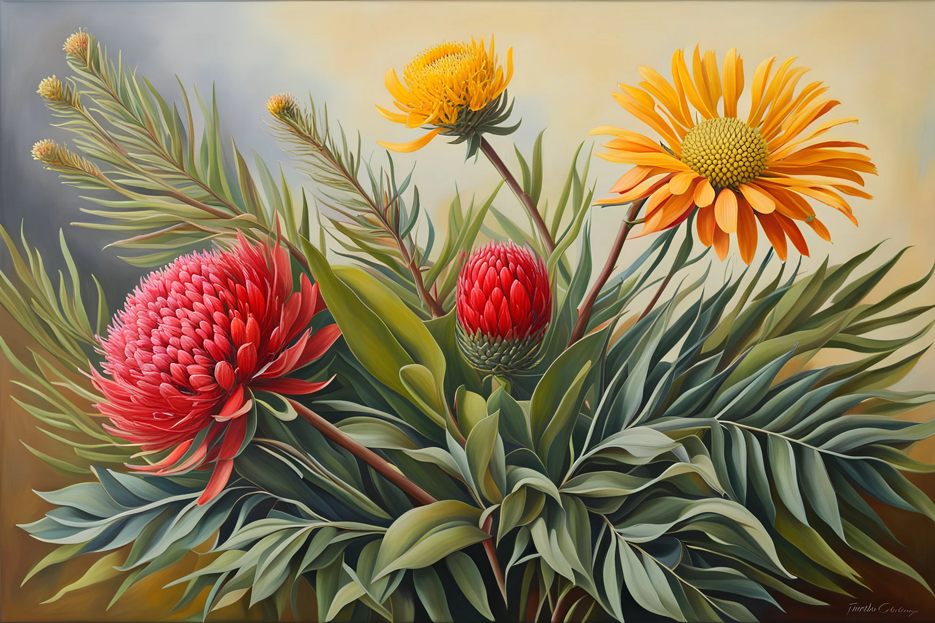 Still life Beautiful Australian wildflowers like waratah, banksia and wattle, in the style of Fiona Craig, photo realistic acrylic, professional award winning masterpiece, detailed,