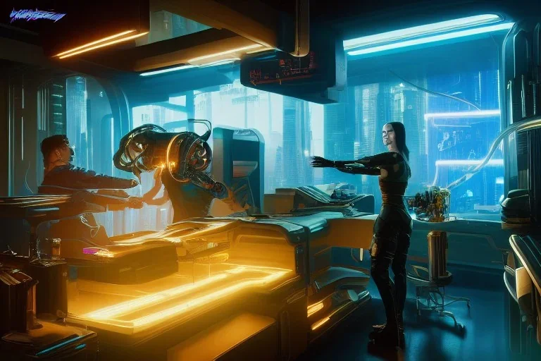 ( cyberpunk 2077, bladerunner 2049 ), a complex thick bifurcated robotic cnc surgical arm cybernetic symbiosis hybrid mri 3d printer machine making a bio chemical lab, art by artgerm and greg rutkowski and alphonse mucha, biomechanical, lens orbs, global illumination, lounge, architectural, f 32