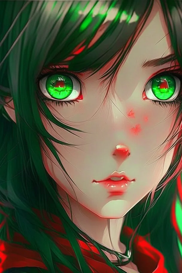 beautiful anime girl, red, nice, black, green eyes