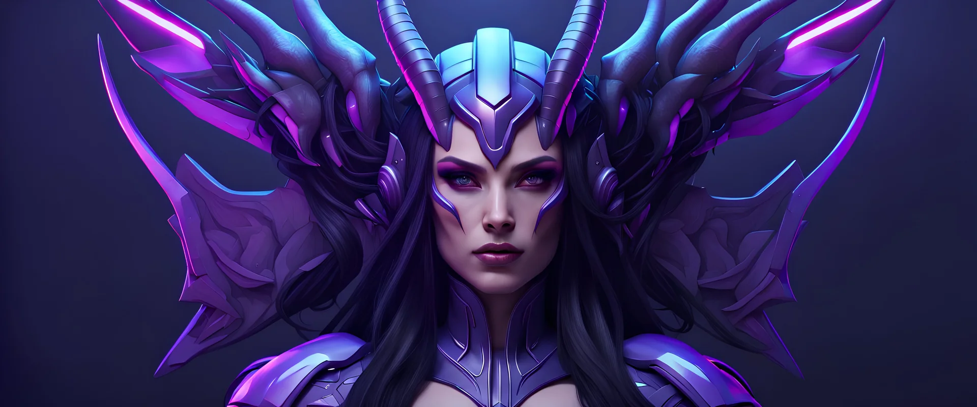 50k resolution, ultra realistic, symmetrical features, curvy transgendered male to female humanoid with large breasts, long dark purple hair, purple eyes looking forward, two horns on the top of the head, elf ears, large cyberpunk wings coming off of the spine mid-back, unreal engine 5, full-frame composition, full-frame artwork, character creation