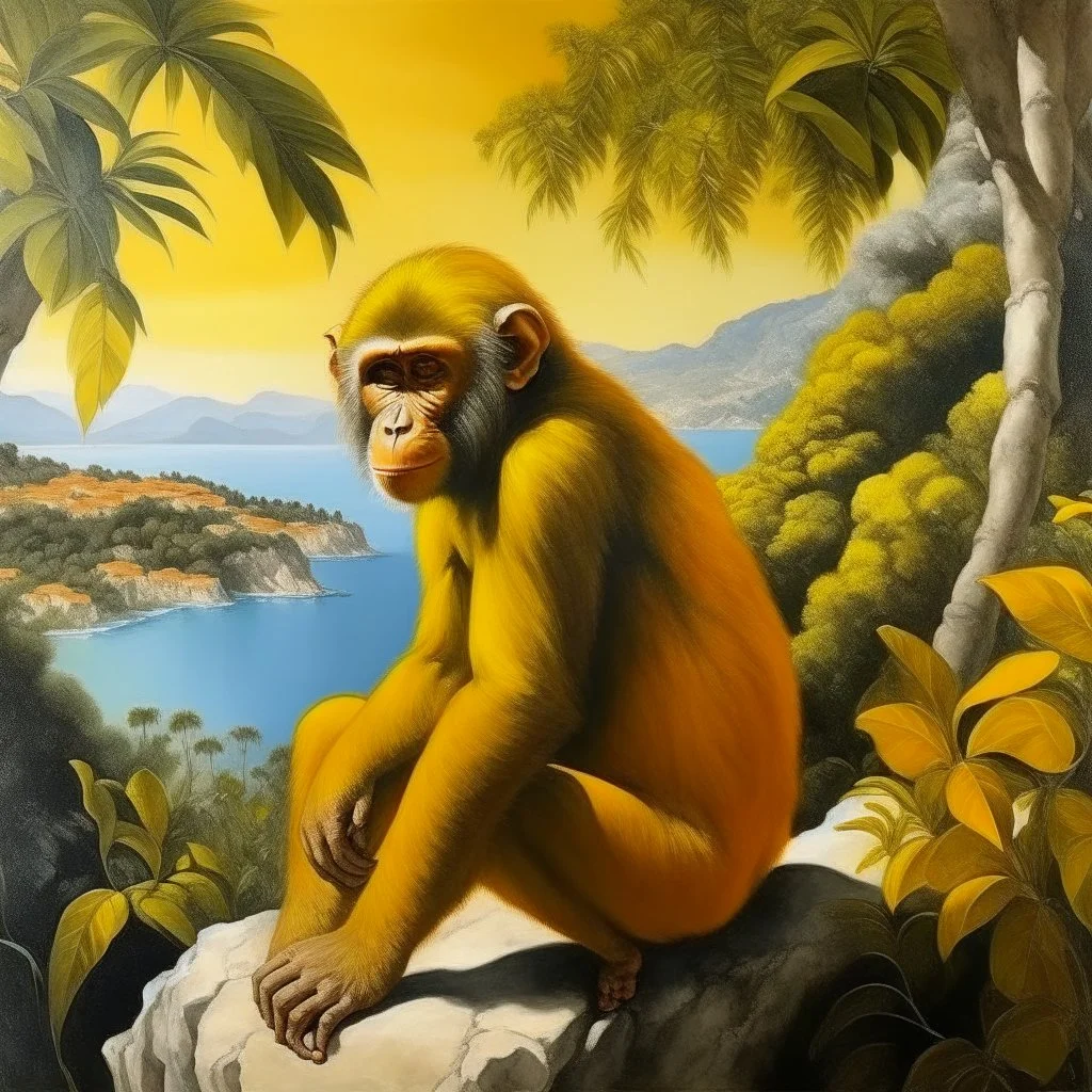 Neoclassicism realistic yellow orange cote d'azur monkey landscape sea