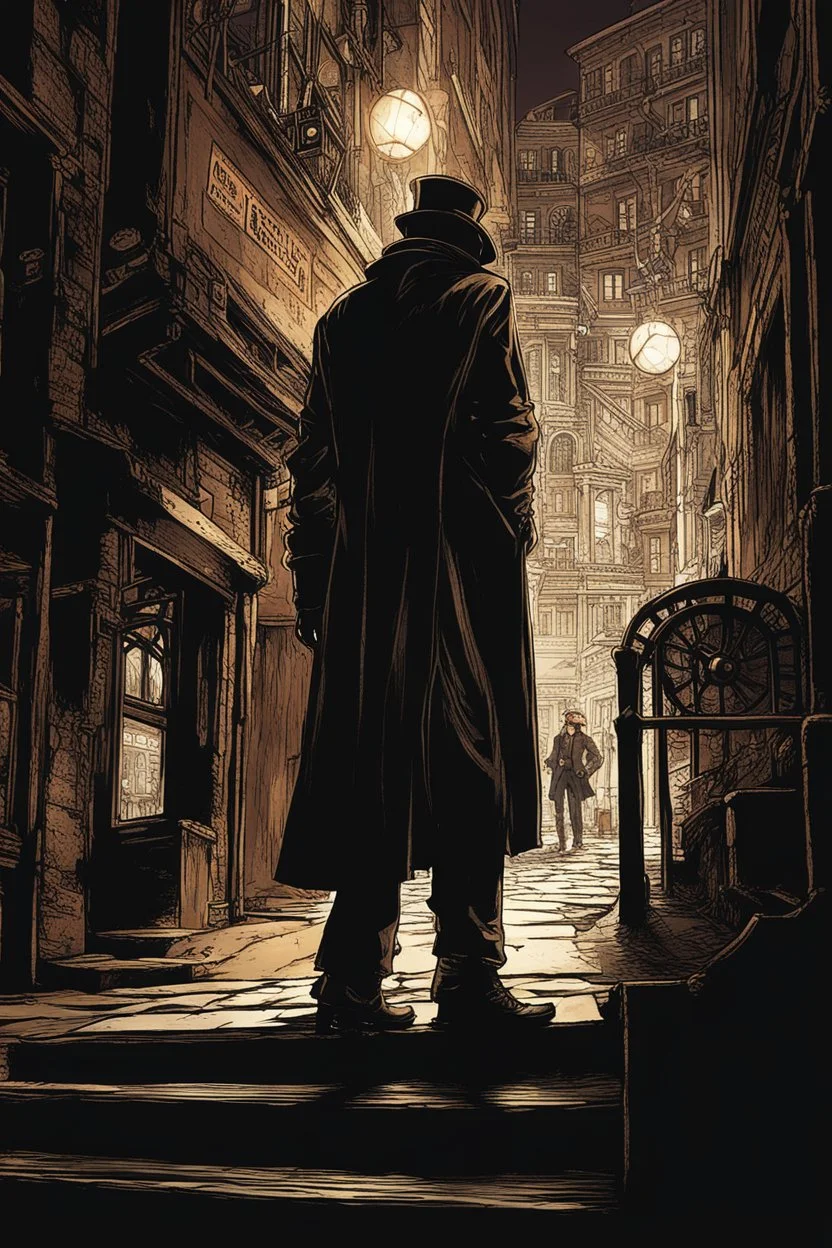 man in dark clothing, hiding around a corner., looking out on a brightly lit steampunk street