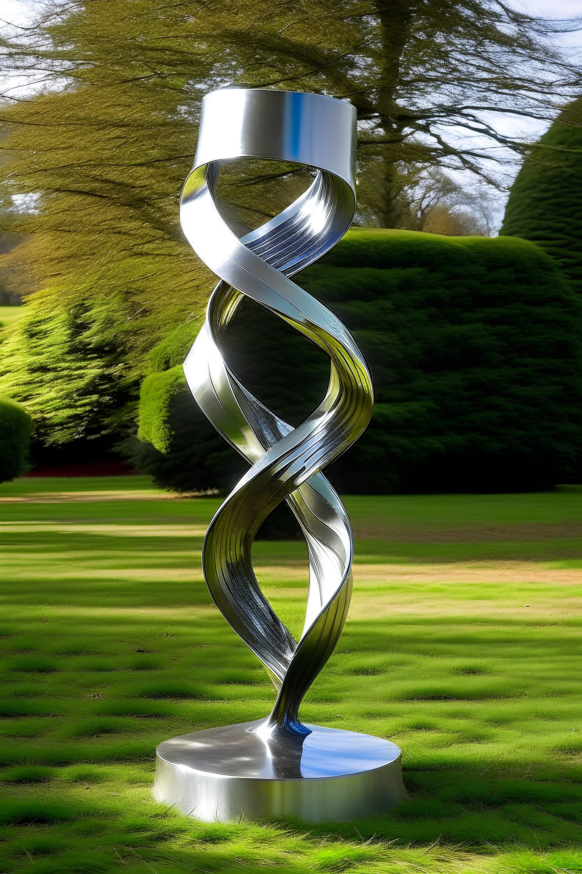 Hennry Moor style abstract sculpture made of small stainless steel ribbon - full body standing on wooden pedestal