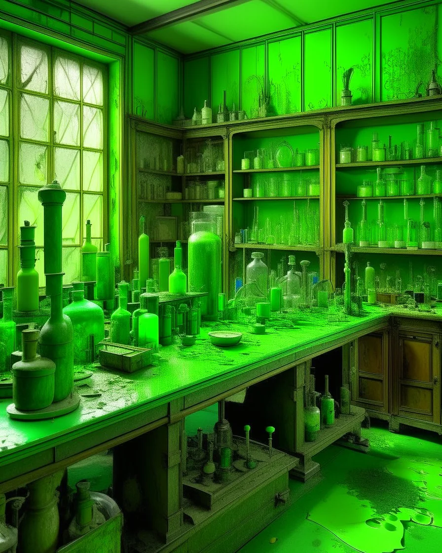 A lime green metallic laboratory with strange vials designed in Chinese paper art painted by Gustave Courbet