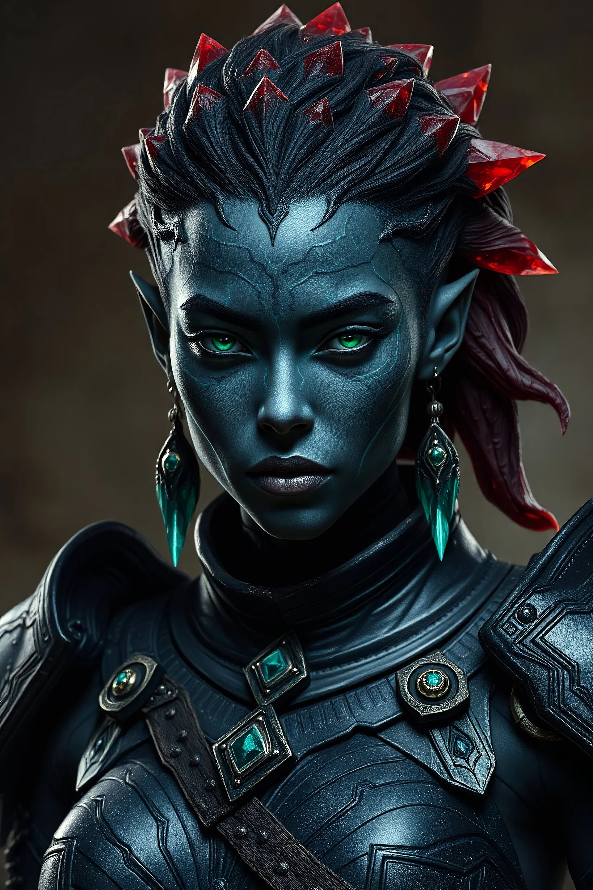 Please generate a female earth genasi for D&D. She should have dark, charcoal black-colored skin with glittering sparkles like gem dust. She should have lines marking her skin like cracks, showing glimmering gem-like veins and a faint glow. Her hair should appear carved from red crystals. She should be in her mid-20s and fully-clothed in heavy armor. Full body picture