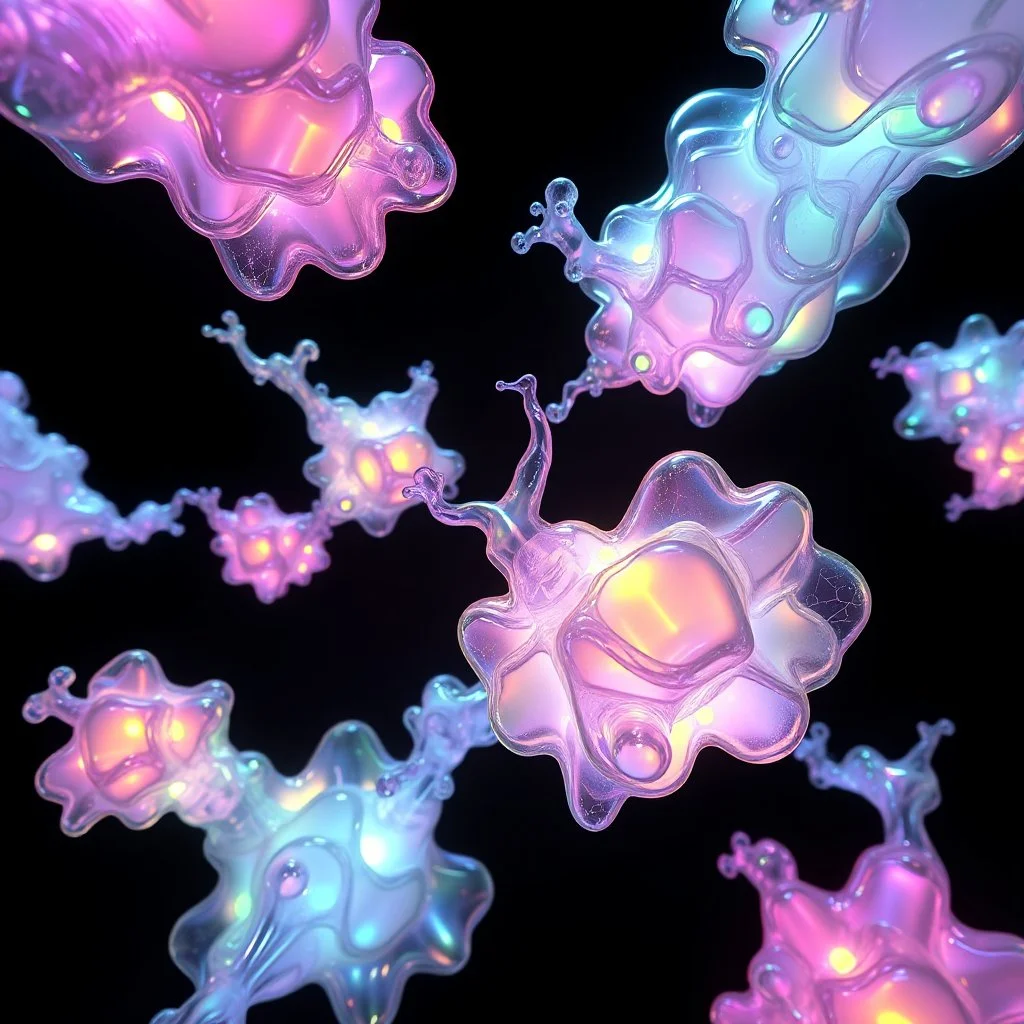 A series of colored translucent 3D structures continuously evolving and morphing, made of glowing glass-like material, futuristic organic architecture, iridescent surfaces with soft internal light, structures growing, branching, and dissolving into new forms, floating in a dark void, volumetric lighting, subsurface scattering, caustics, cinematic, hyperrealistic, octane render, 8k, trending on ArtStation.