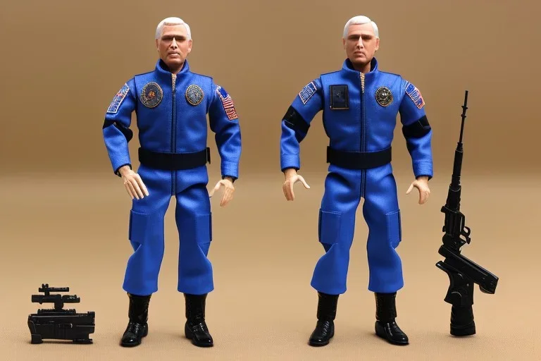 Plastic Mike Pence as G.I. Joe toy Doll figure With a pistol space force Commander Blue fabric uniform, black Moonboot