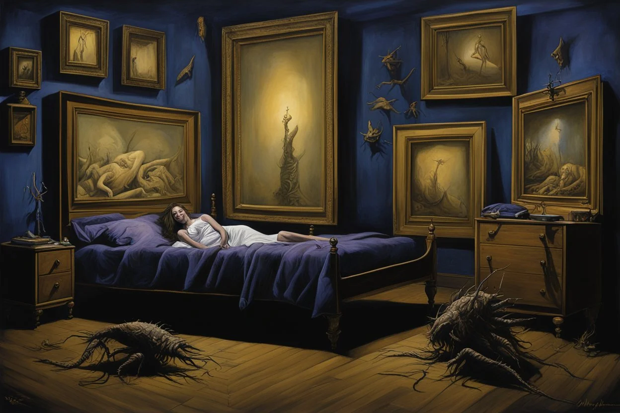 woman sleeping in bedroom having a night terror, nightmarish many legged creature crawling out of large framed picture hanging above bed, surreal haunting scene, horror art, mysterious sinister unforgettable, by Yves Tanguy, by Denis Forkas, by Dariusz Klimczak, photoreal, magic realism, dark blue and dark violet and dark gold, volumetric lighting.