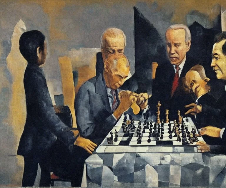 Complex Surgical Instruments through Putin, President Xi Of China And Joe Biden Play Chess with a Newborn Boy,Minimalism,Painting By Lucian Adrian Ghenie,Freud,Rene Magritte,Salvador Dali,Pablo Picasso,Michelangelo