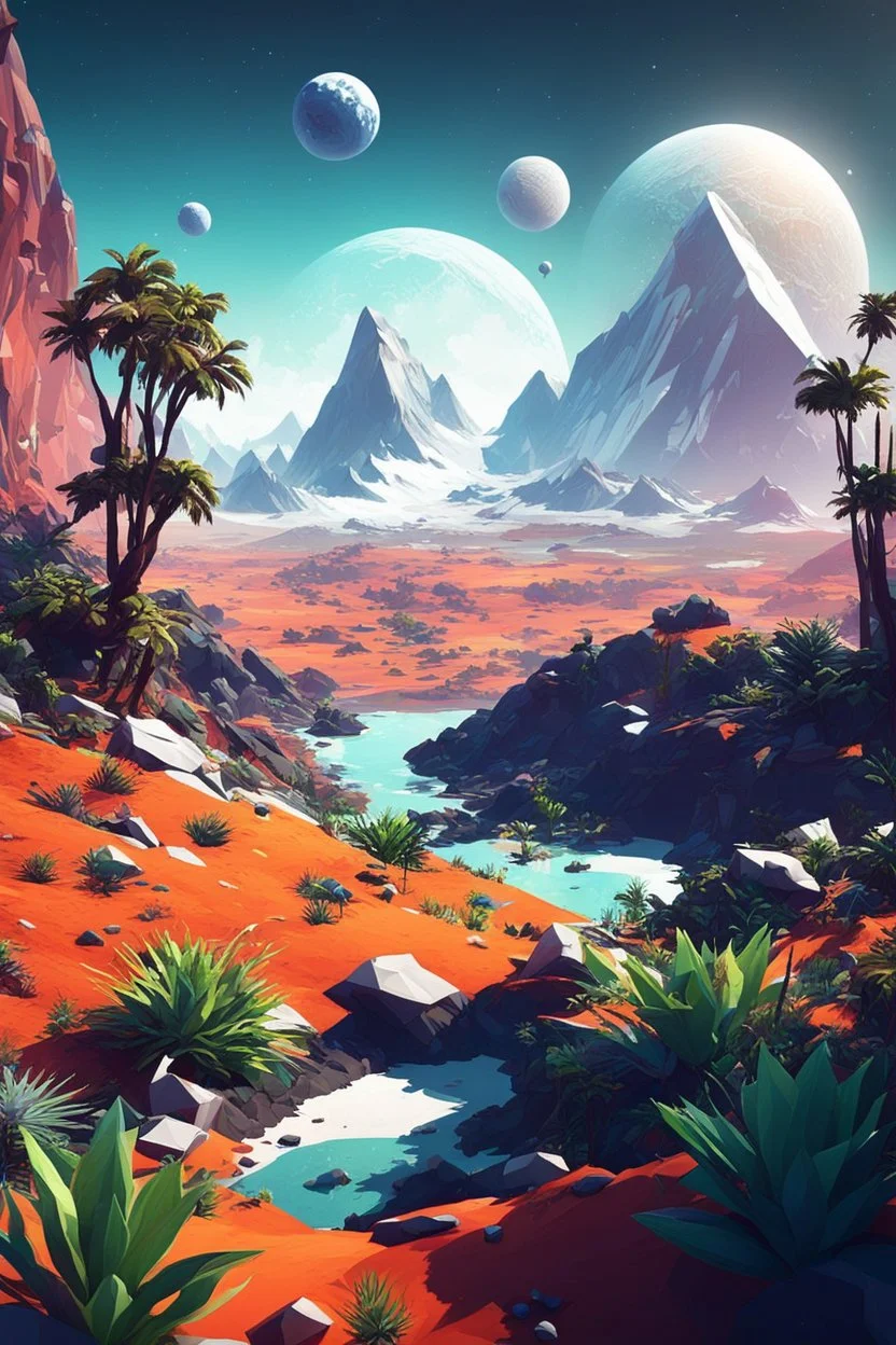 (((close midshot))), (((low poly art:2))), (astronaut), ultra-detailed illustration of an environment on a dangerous:1.2 exotic planet with plants and wild (animals:1.5), (vast open world), astroneer inspired, highest quality, no lines, no outlines candid photography. by Lekrot