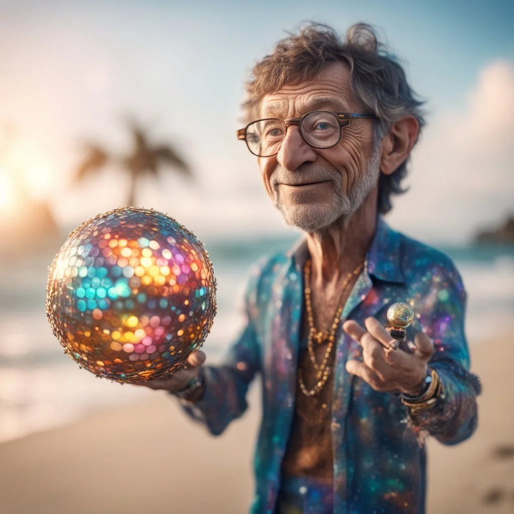 Bill Gates as hairy groove funk kobold hippie holding disco ball on beach ,bokeh like f/0.8, tilt-shift lens 8k, high detail, smooth render, down-light, unreal engine